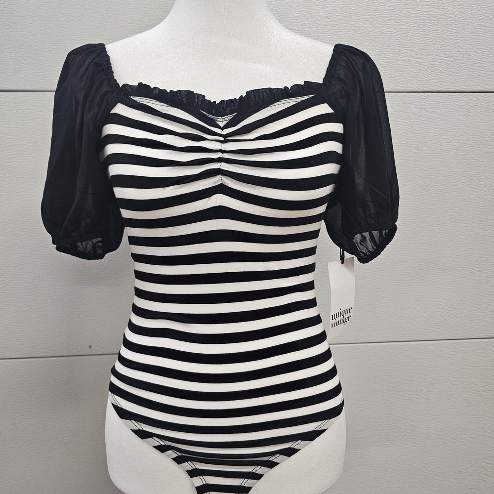 Unique Vintage Black and White Striped Bodysuit